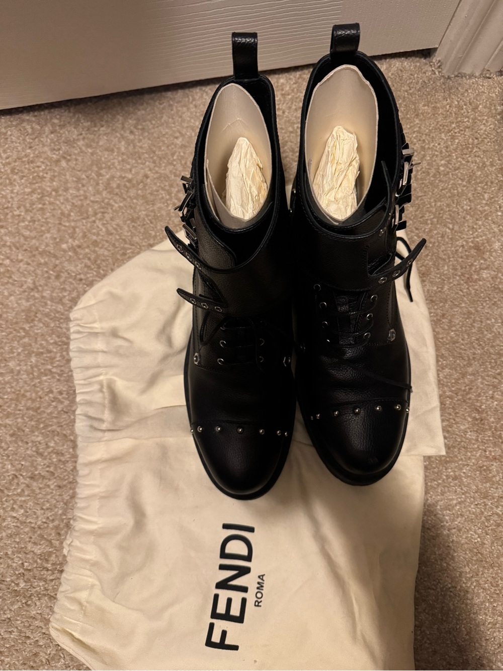 Fendi Black Leather Studded Buckle Boots